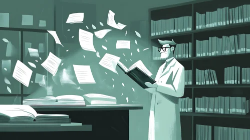 Library Scene with Scientist and Flying Pages
