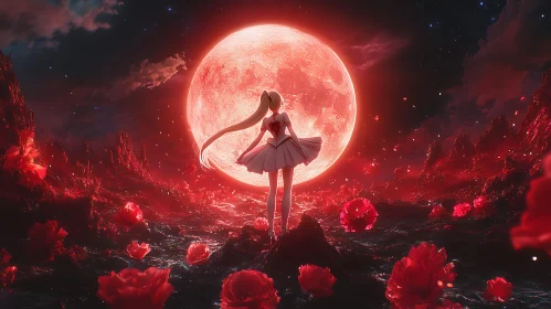 Anime Character with Red Moon and Roses
