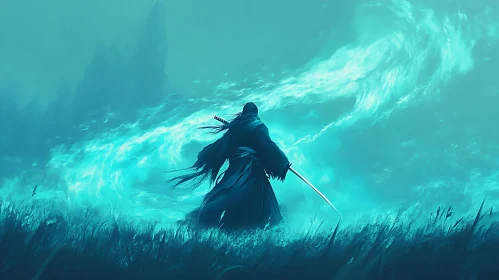 Lone Warrior with Katana in Fog