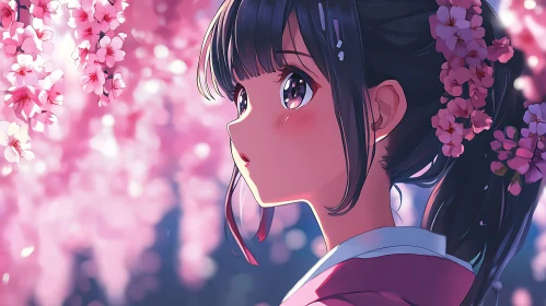 Young Anime Girl in Blossoming Garden