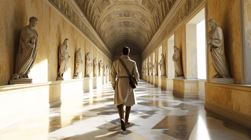 Statue Lined Hallway with a Man Walking