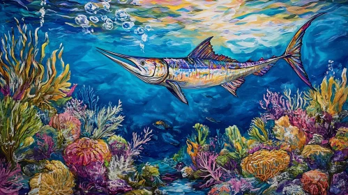 Underwater Marlin Scene with Coral Reef