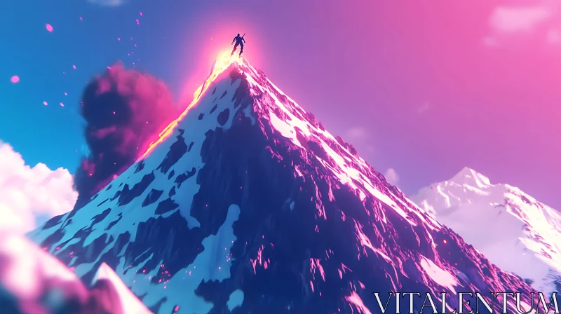 AI ART Mountain Climber Silhouette with Pink Sky