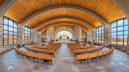 Serene Church Interior with Grand Windows and Altar