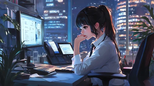 Anime Office Worker Contemplates City Lights