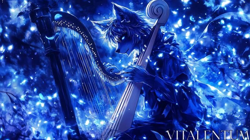 Magical Wolf Harp Player at Night