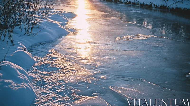 Frozen Winter River with Snow and Sunlight Reflection
