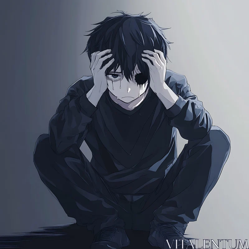 Distressed Anime Figure in Somber Setting