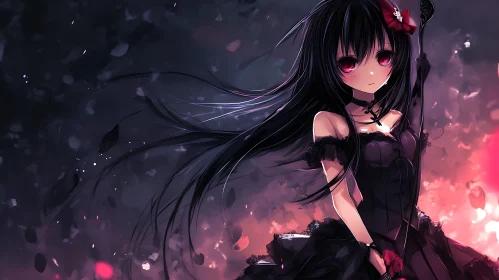 Mystical Gothic Anime Girl with Floating Petals