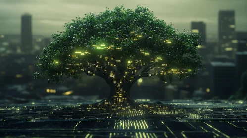 Glowing Circuit Tree in Urban Setting