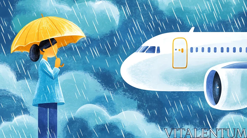 Woman with Umbrella and Airplane in Rain