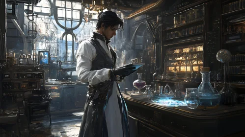 Man in Lab Coat with Glowing Tablet