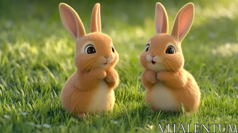 Two Little Bunnies in Green Grass
