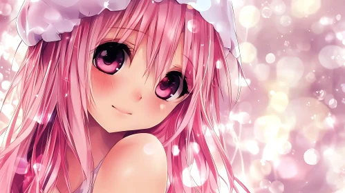 Cute Anime Girl with Pink Hair and Bokeh Effect