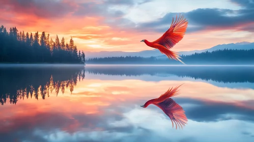 Sunset Lake Bird Reflection