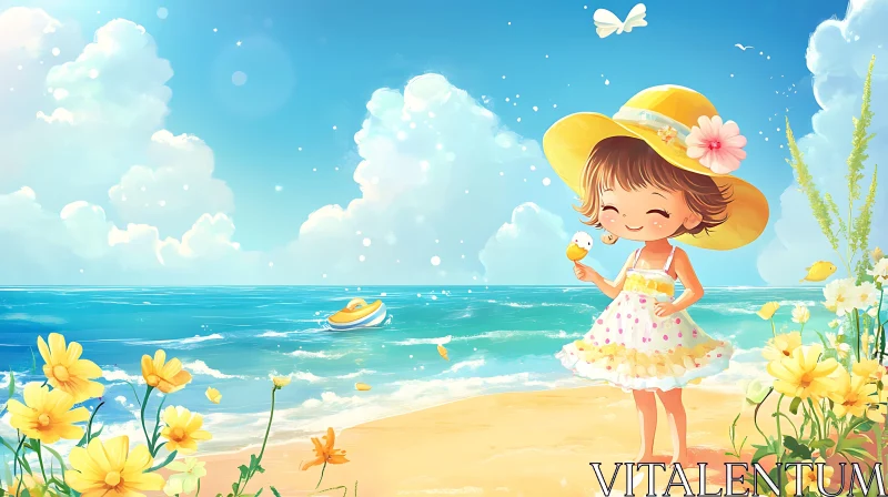 Girl with ice cream on a sunny beach