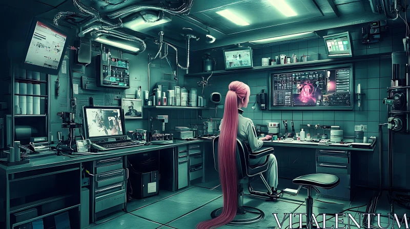 High-Tech Laboratory with Pink Hair Character AI Image
