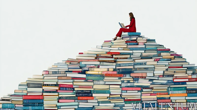 Woman Reading on Stacked Books