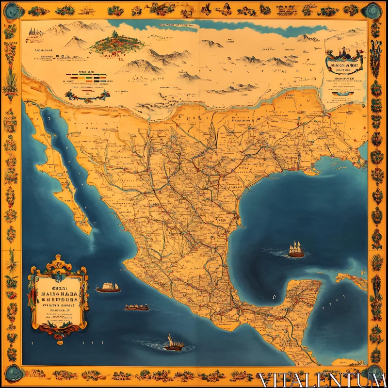 Antique Mexico Map with Ocean Vessels