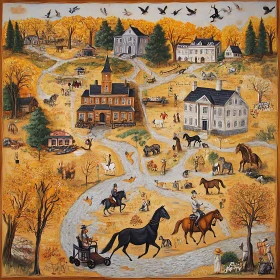 Quaint Village Life in Folk Art Style
