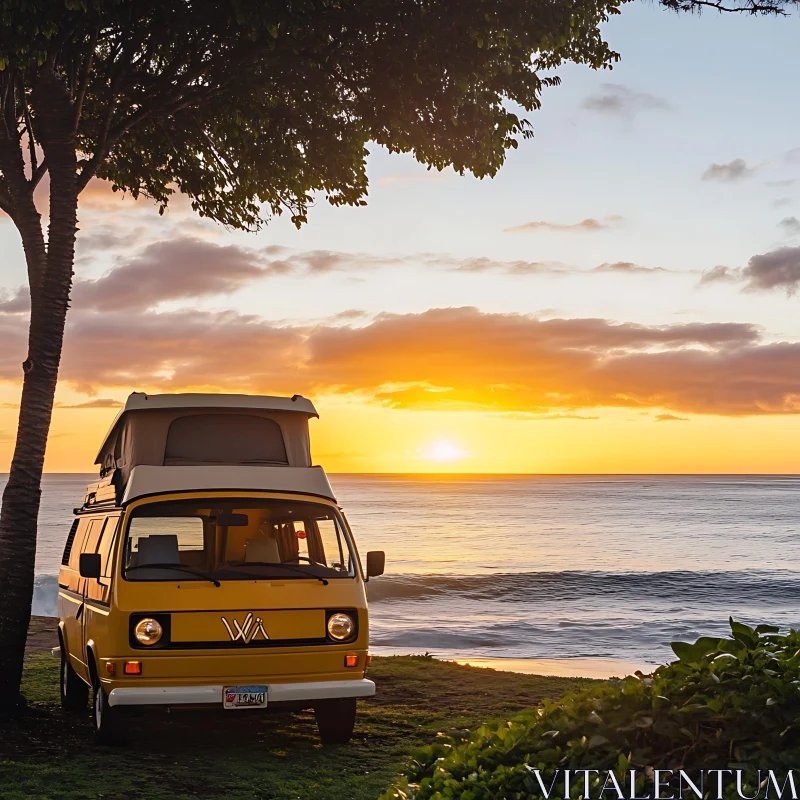 Yellow Van on Beach at Sunset