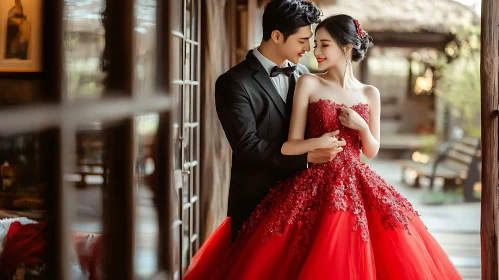 Red Gown Romance: A Couple's Tender Moment