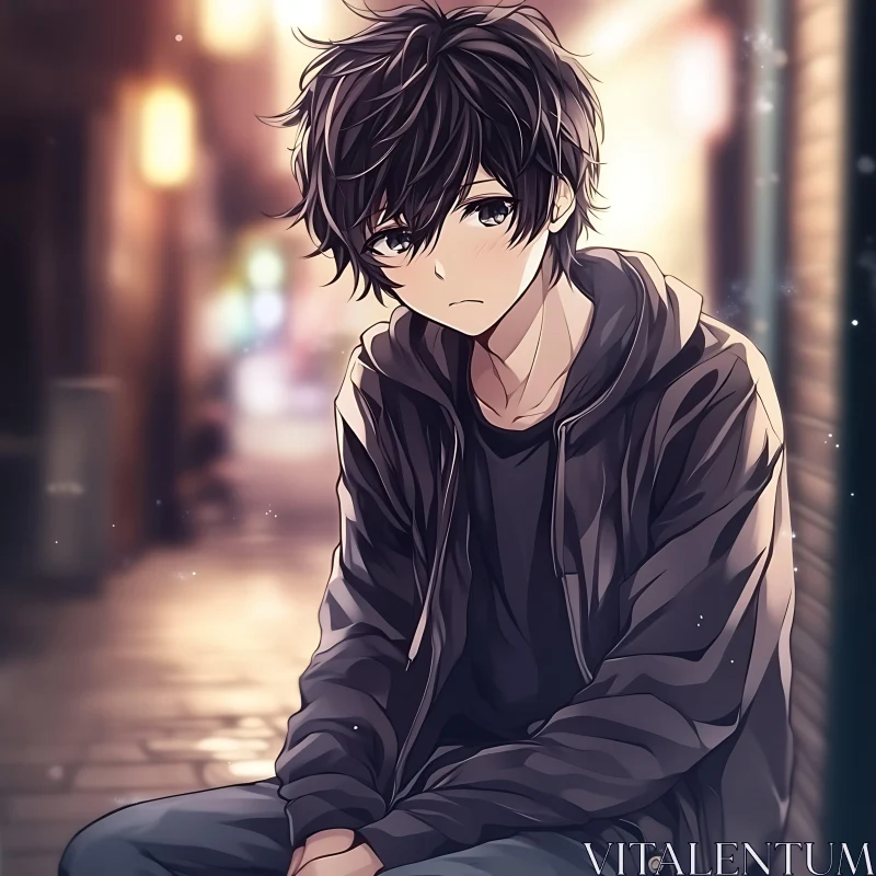 Pensive Anime Boy in Urban Night Scene