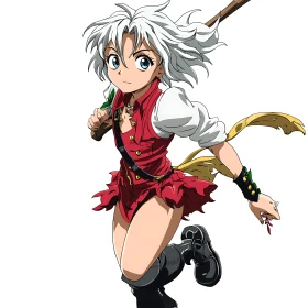 Energetic Manga Character with White Hair and Red Costume