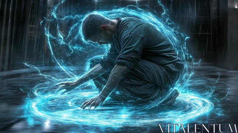 Man Immersed in Blue Energy Aura
