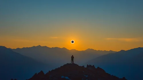 Person on Mountain Peak Watching Eclipse