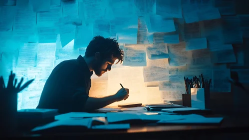 Engrossed Writer in a Blue-Lit Study