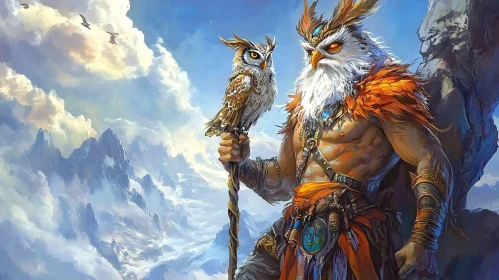 Owl Warrior in Mountain Landscape