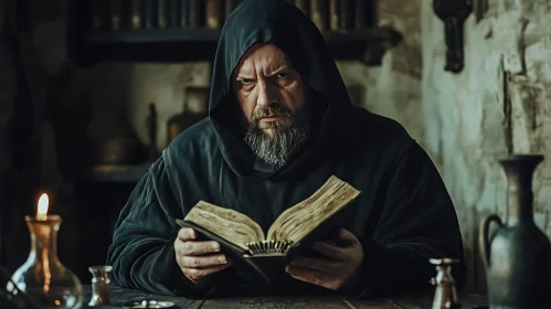 Hooded Figure with Book and Candle