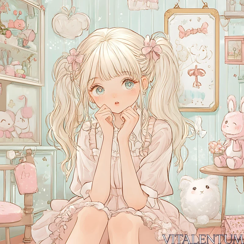 Cute Anime Girl in Soft Pastel Decor Room