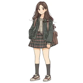 Anime Girl with Plaid Skirt and Backpack