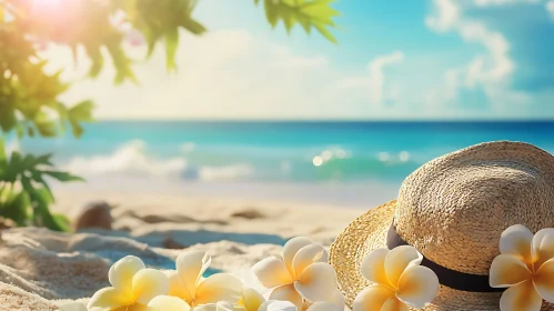 Tropical Beach Scene with Flowers and Hat