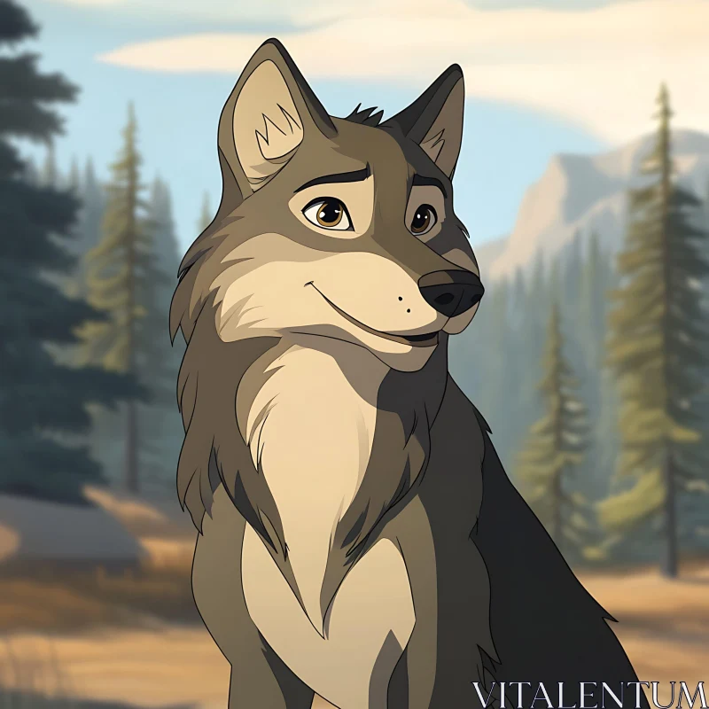Cartoon Wolf Portrait in Nature