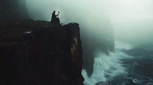 Silhouette on Cliff Edge by the Sea