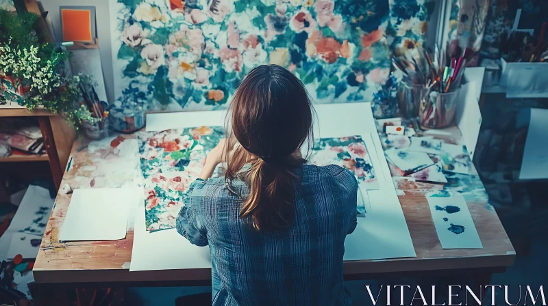 Woman Painting Floral Artwork in Studio