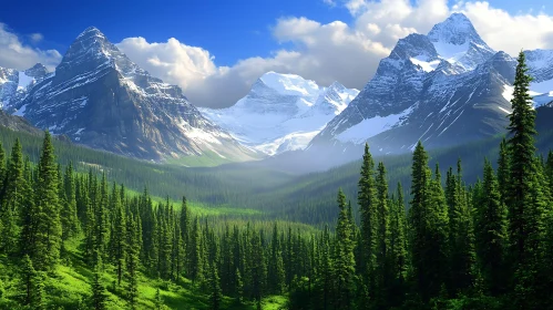 Snowy Mountains and Green Forest Landscape