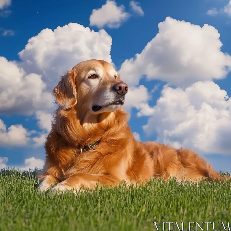 Serene Golden Retriever with Fluffy Clouds Background AI Image