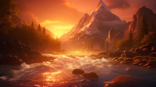 Enchanting Mountain Landscape with Waterfall in Sunset