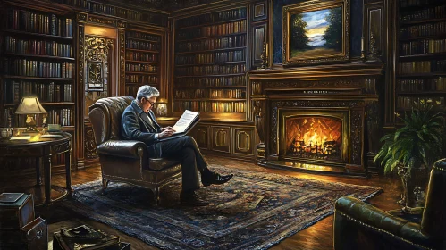 Man Reading in Cozy Library