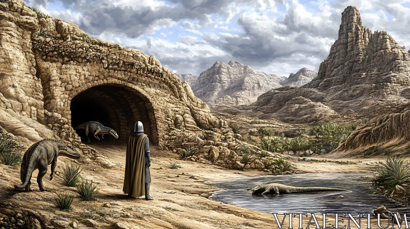 Fantasy Landscape with Knight and Dinosaurs