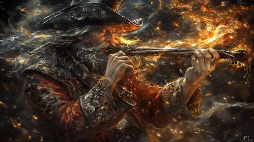 Mystical Pirate Musician in Fiery Haze
