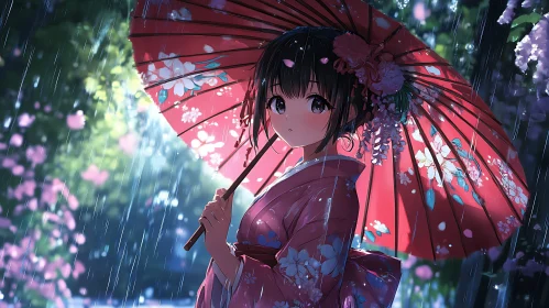 Anime Girl in Pink Kimono with Red Umbrella