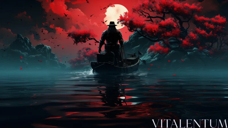 Man on a Boat in Red Night Light Surrounded by Cherry Blossoms AI Image