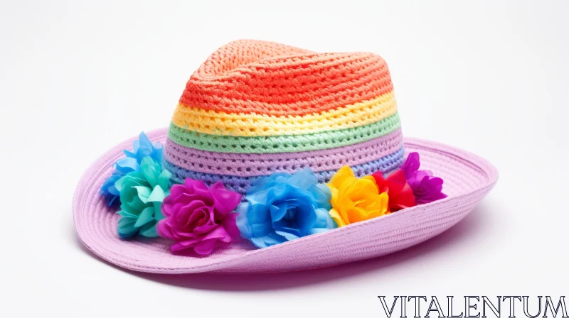Rainbow Hat with Flowers on White Background - Vibrant Fashion Accessory AI Image