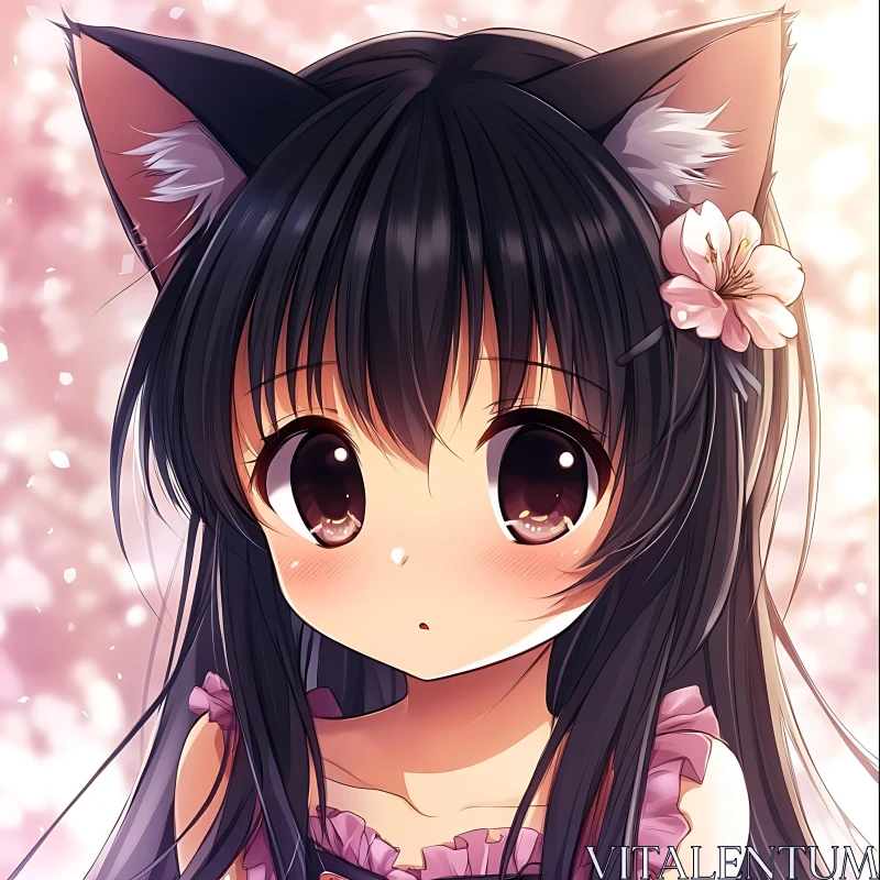 Cute Anime Girl with Cat Ears in Soft Pink Glow AI Image