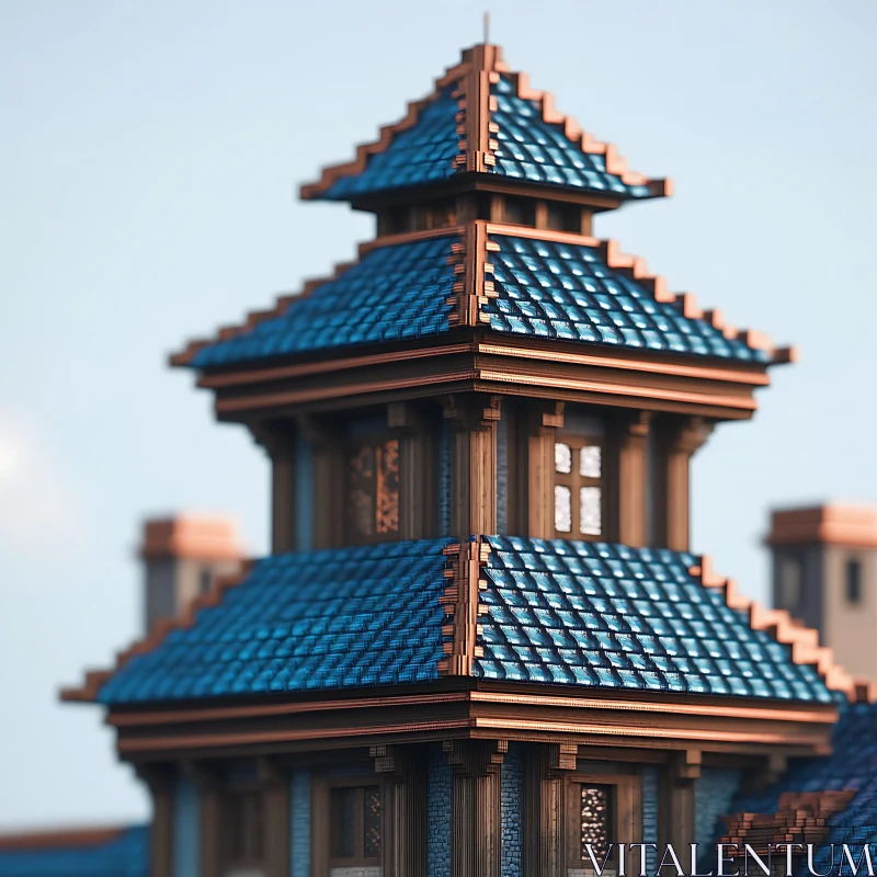 Pagoda Architecture with Blue Roofs and Wooden Framework AI Image